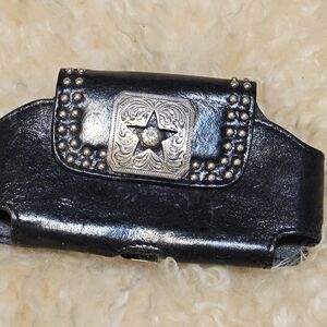 2000s Black Leather Phone Holster with Silver Star Concho